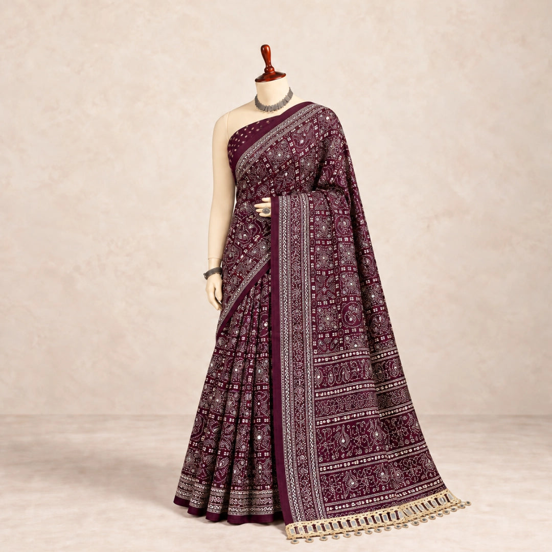 Wine Pure Ajrakh Silk Saree