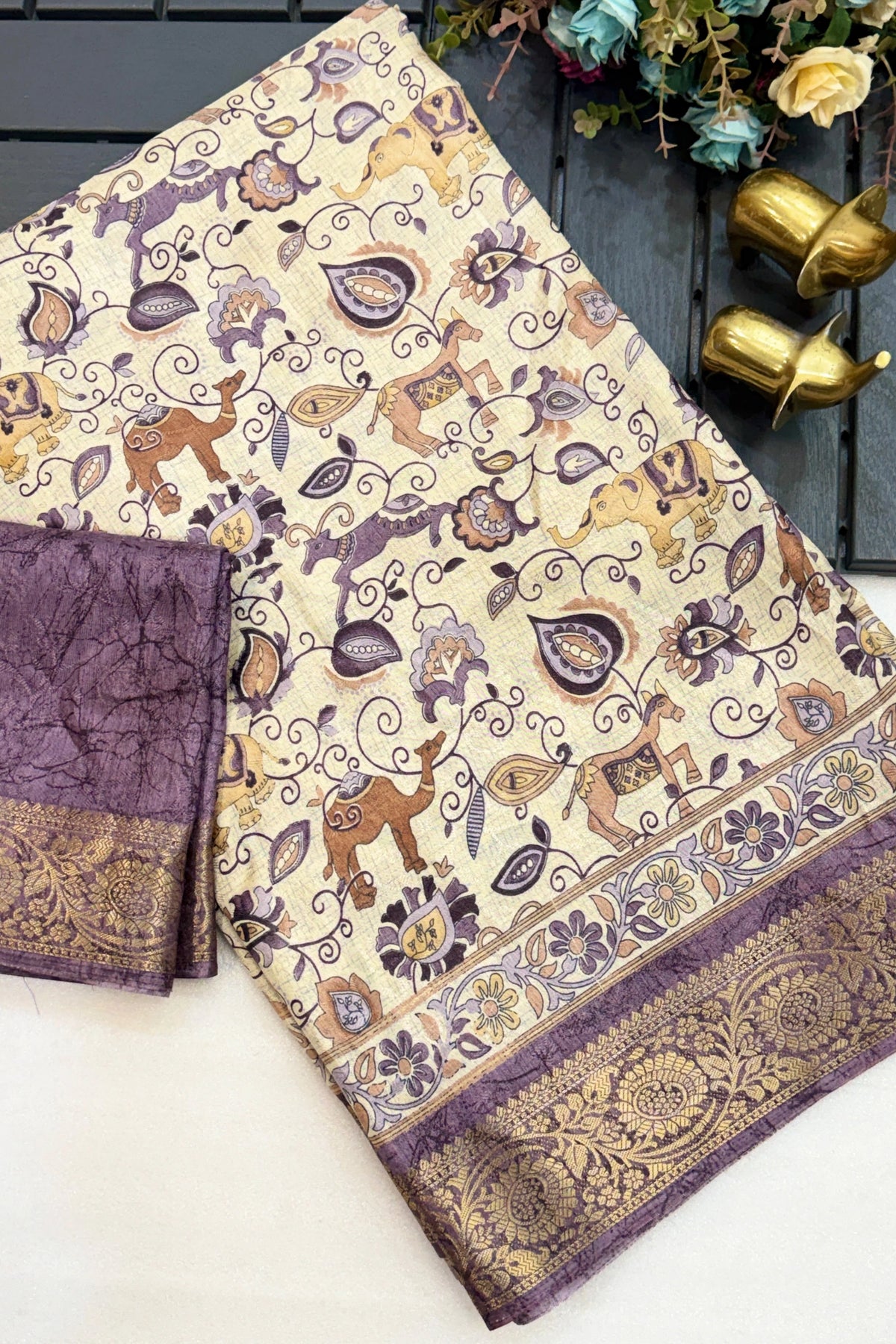 Ivory Kalamkari Saree with Plum Zari Border