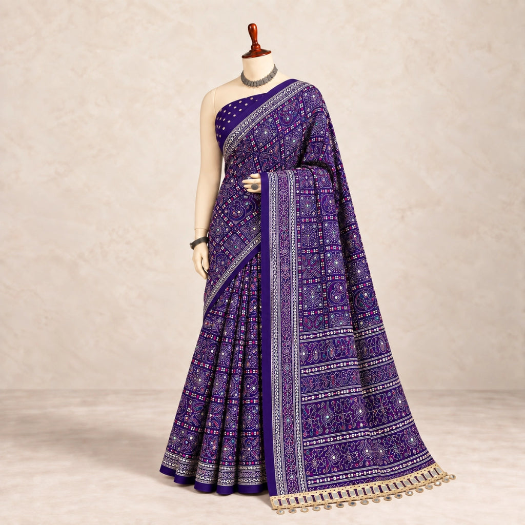 Purple Pure Ajrakh Silk Saree