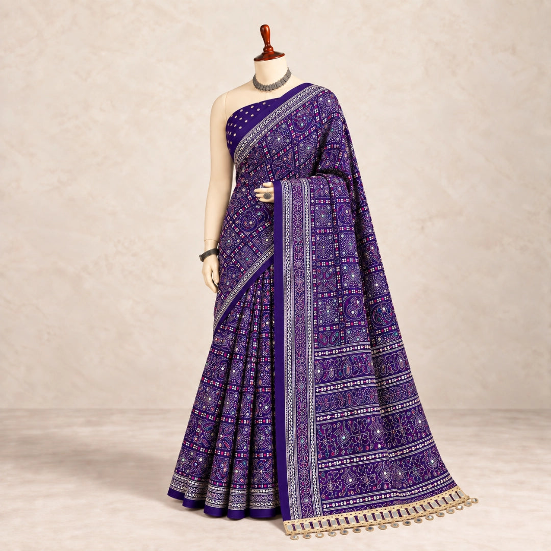Purple Pure Ajrakh Silk Saree