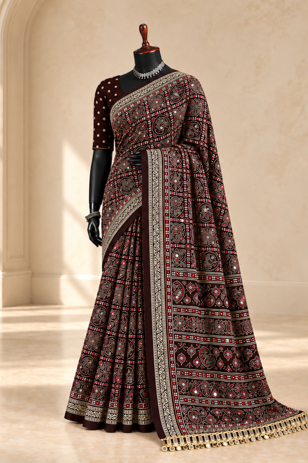 Deep Brown Pure Ajrakh Silk Saree
