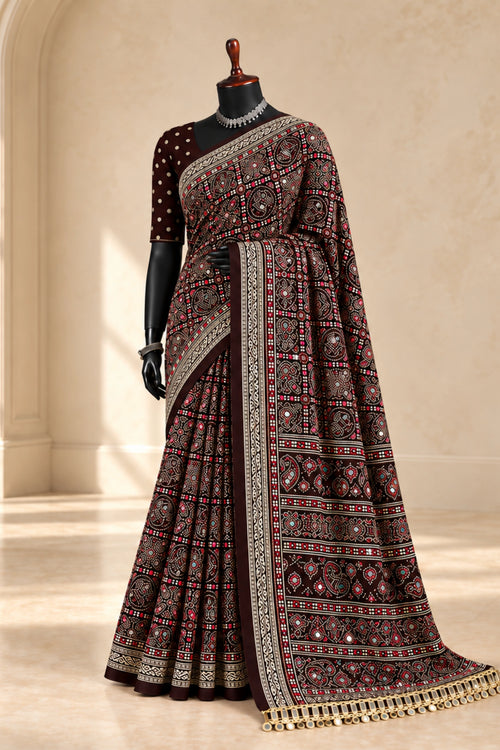 Deep Brown Pure Ajrakh Silk Saree