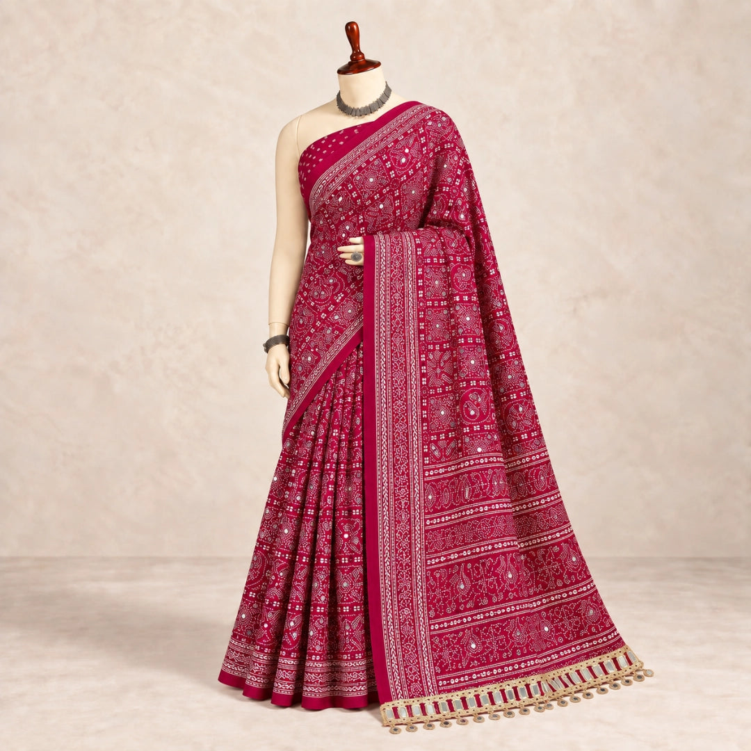 Rani Pink Pure Ajrakh Silk Saree