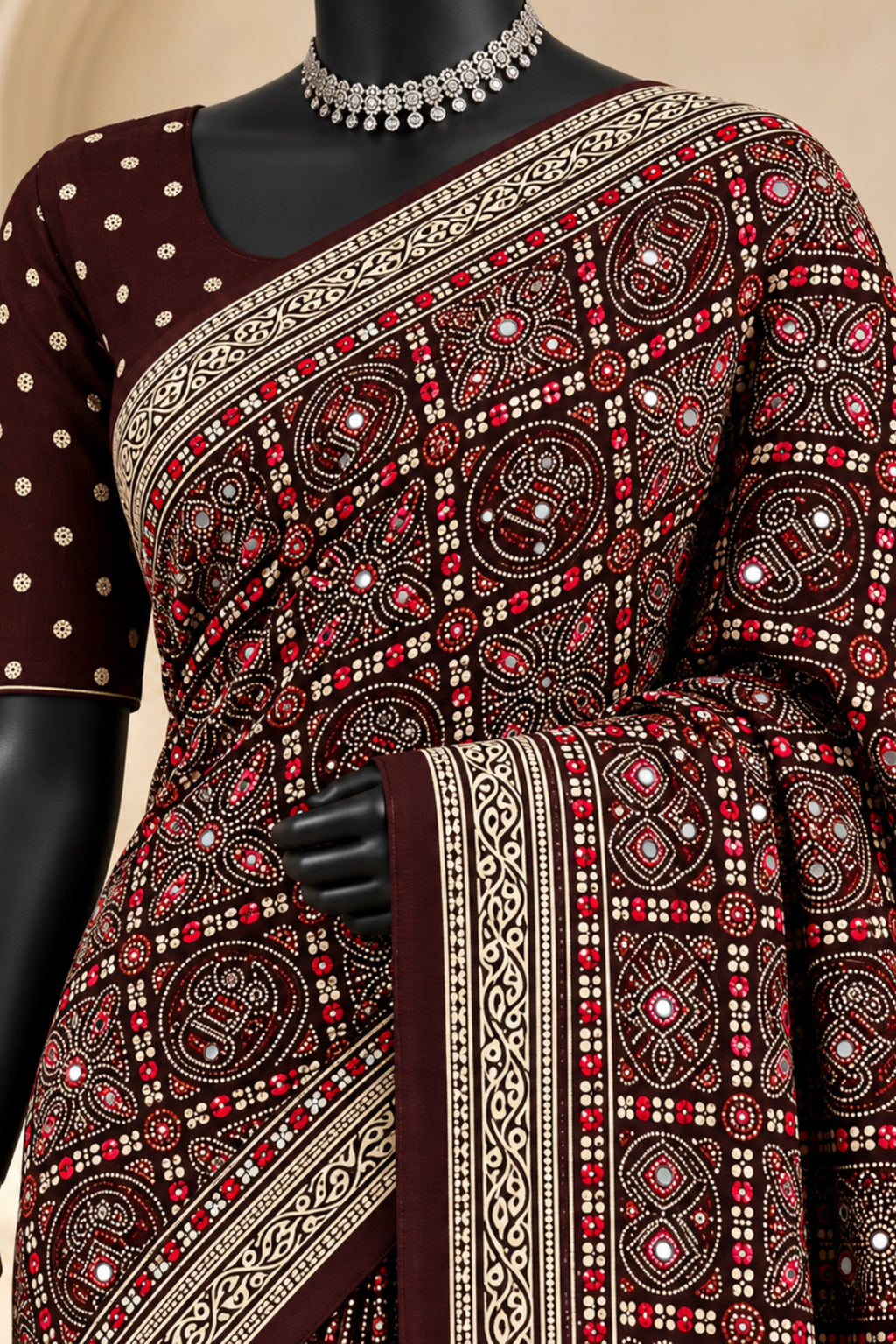 Deep Brown Pure Ajrakh Silk Saree