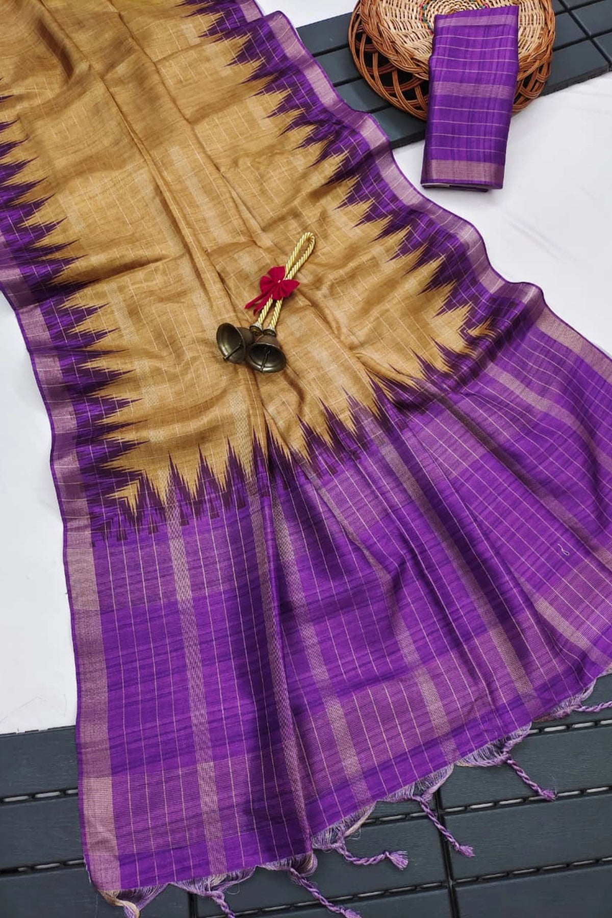 Antique Mustard Silk Cotton Saree with Purple Ikat Border