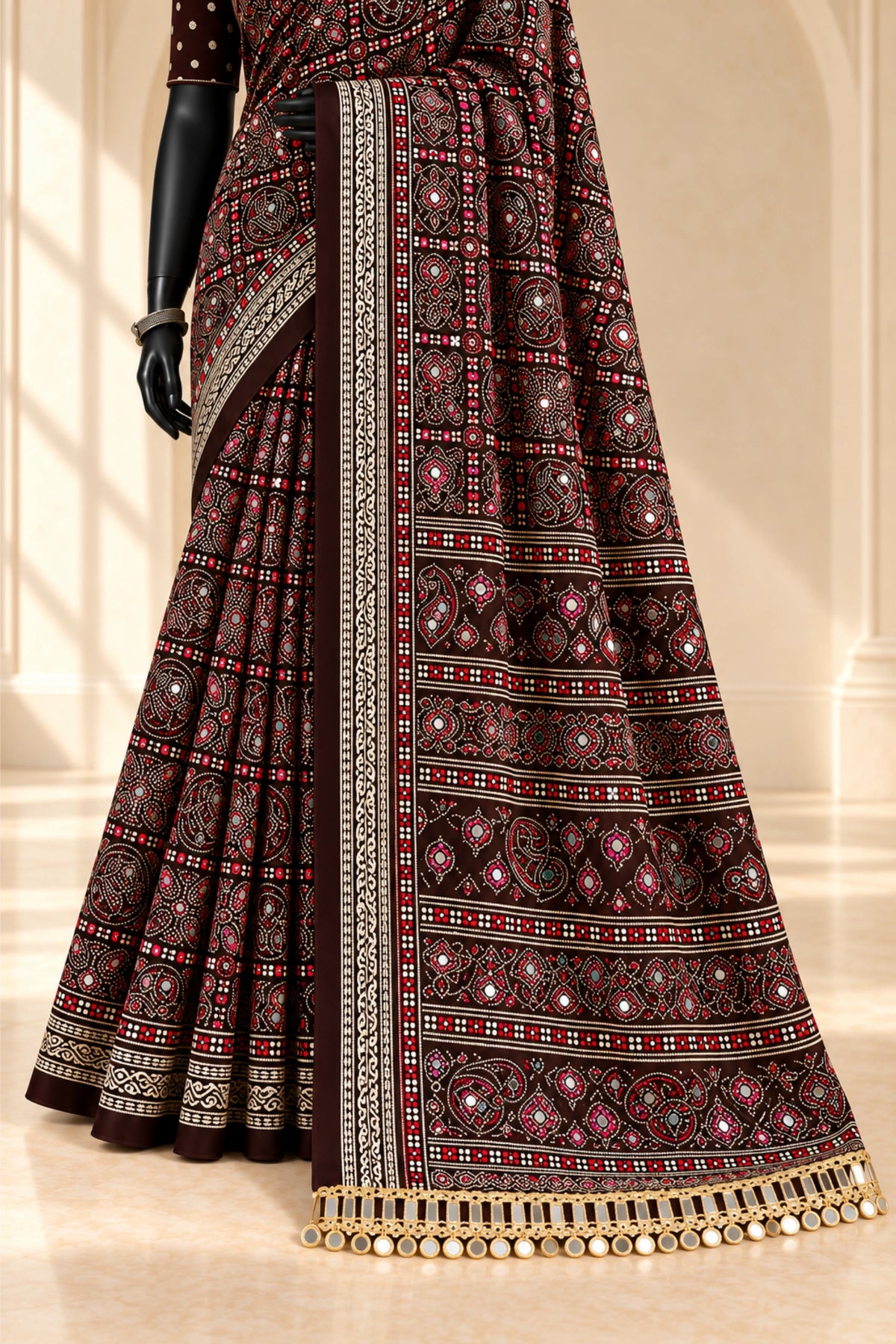 Deep Brown Pure Ajrakh Silk Saree