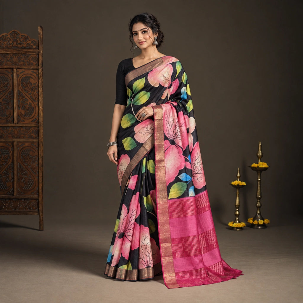 Midnight Bloom Tussar Silk Saree