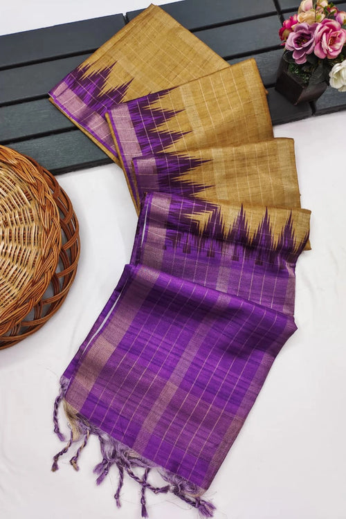 Antique Mustard Silk Cotton Saree with Purple Ikat Border