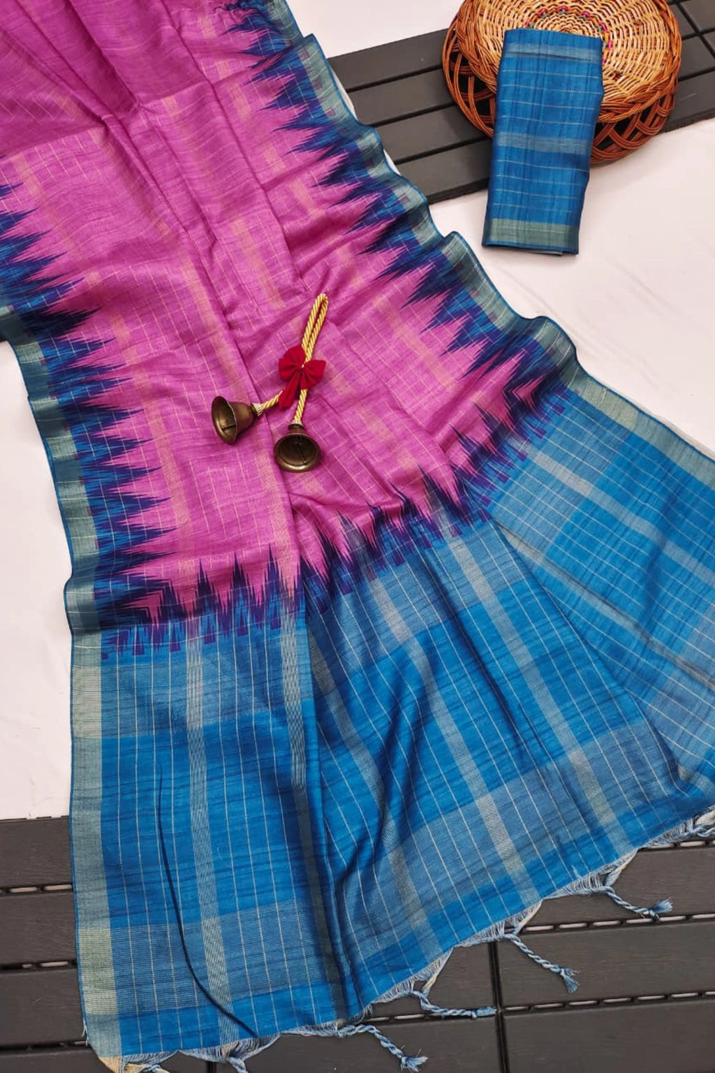 Rani Pink Silk Cotton Saree with Teal Blue Ikat Border