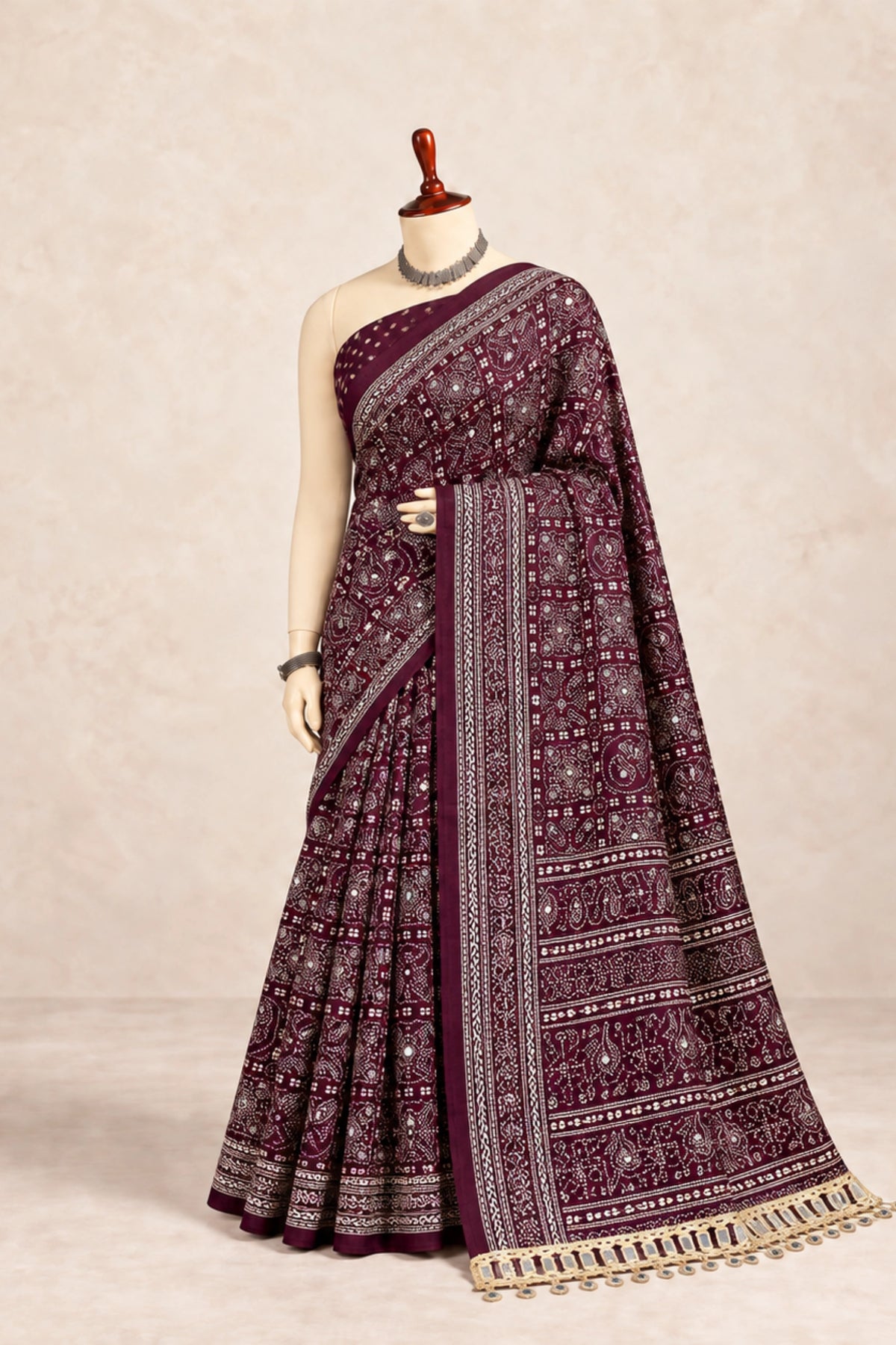 Wine Pure Ajrakh Silk Saree