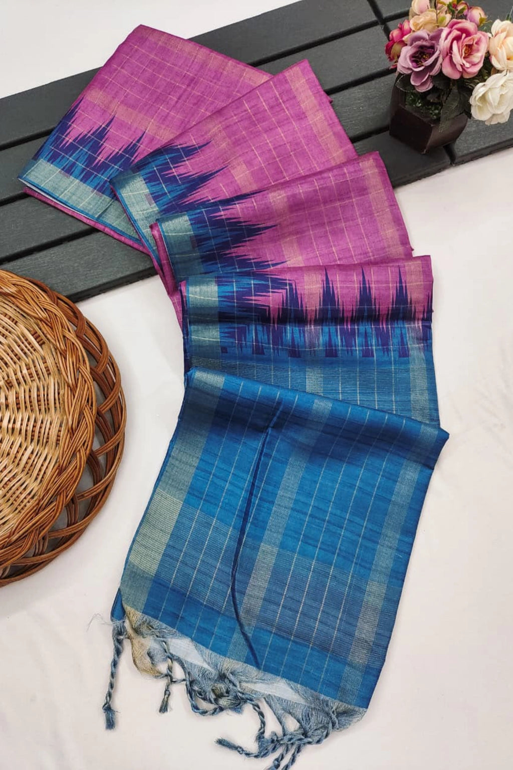 Rani Pink Silk Cotton Saree with Teal Blue Ikat Border