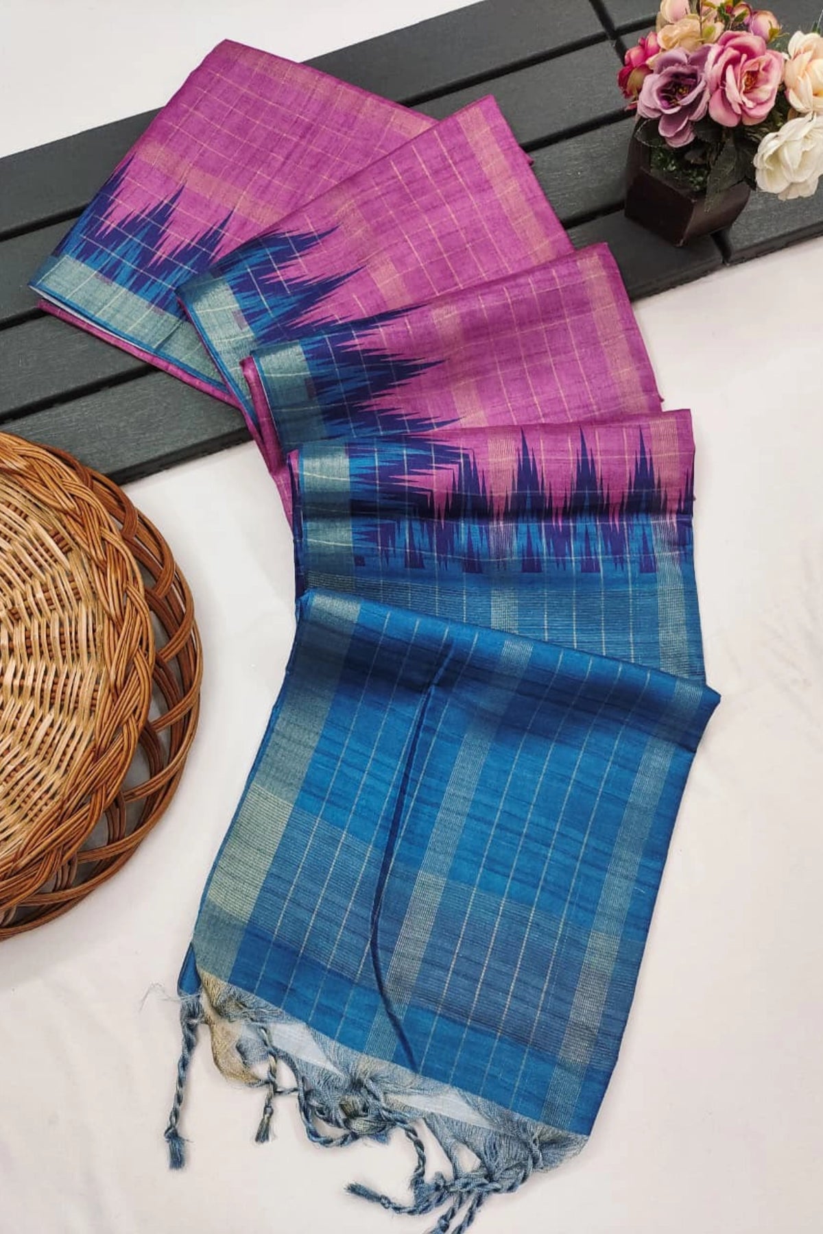 Rani Pink Silk Cotton Saree with Teal Blue Ikat Border