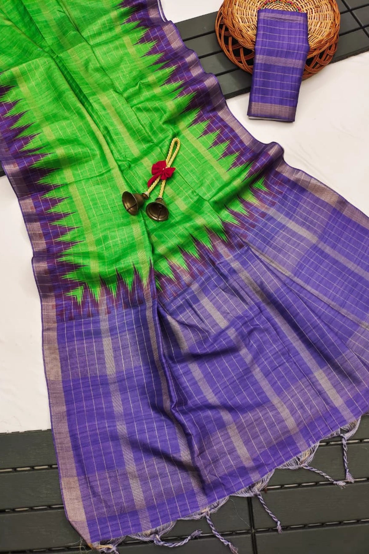 Parrot Green Silk Cotton Saree with Purple Ikat Border