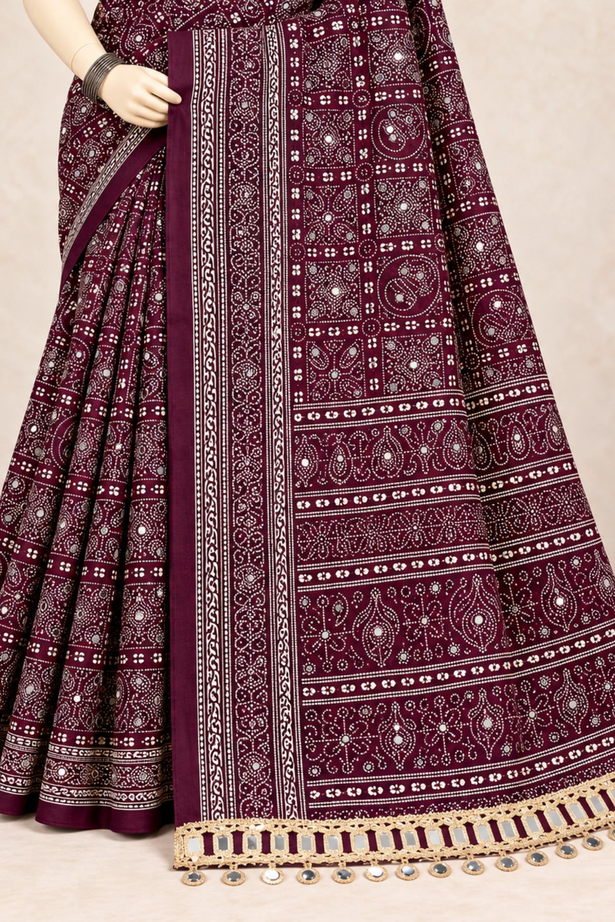 Wine Pure Ajrakh Silk Saree