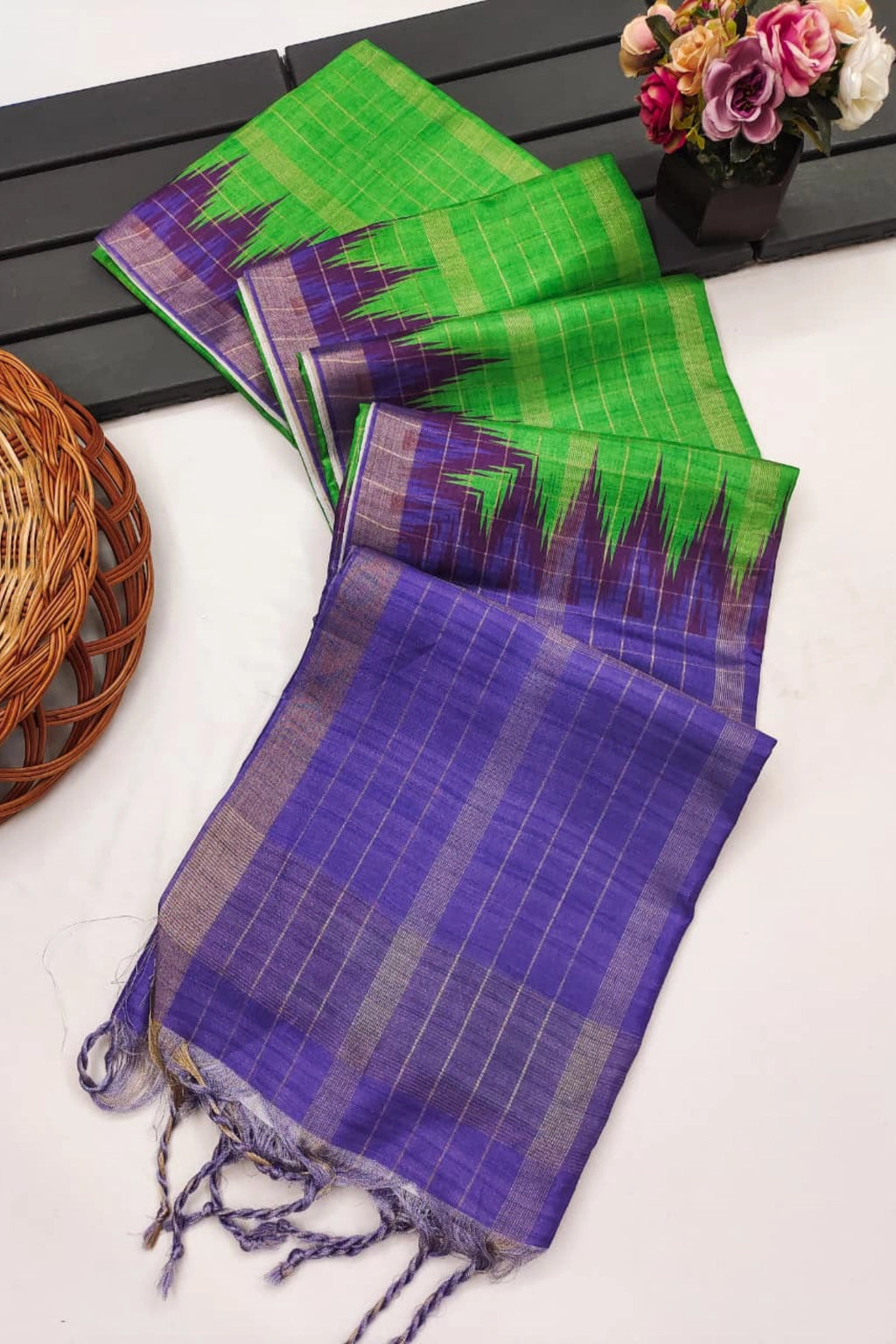 Parrot Green Silk Cotton Saree with Purple Ikat Border