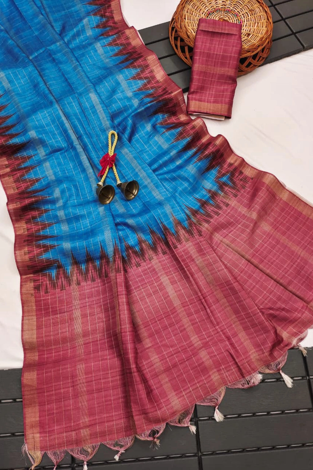 Peacock Blue Silk Cotton Saree with Rose Ikat Border