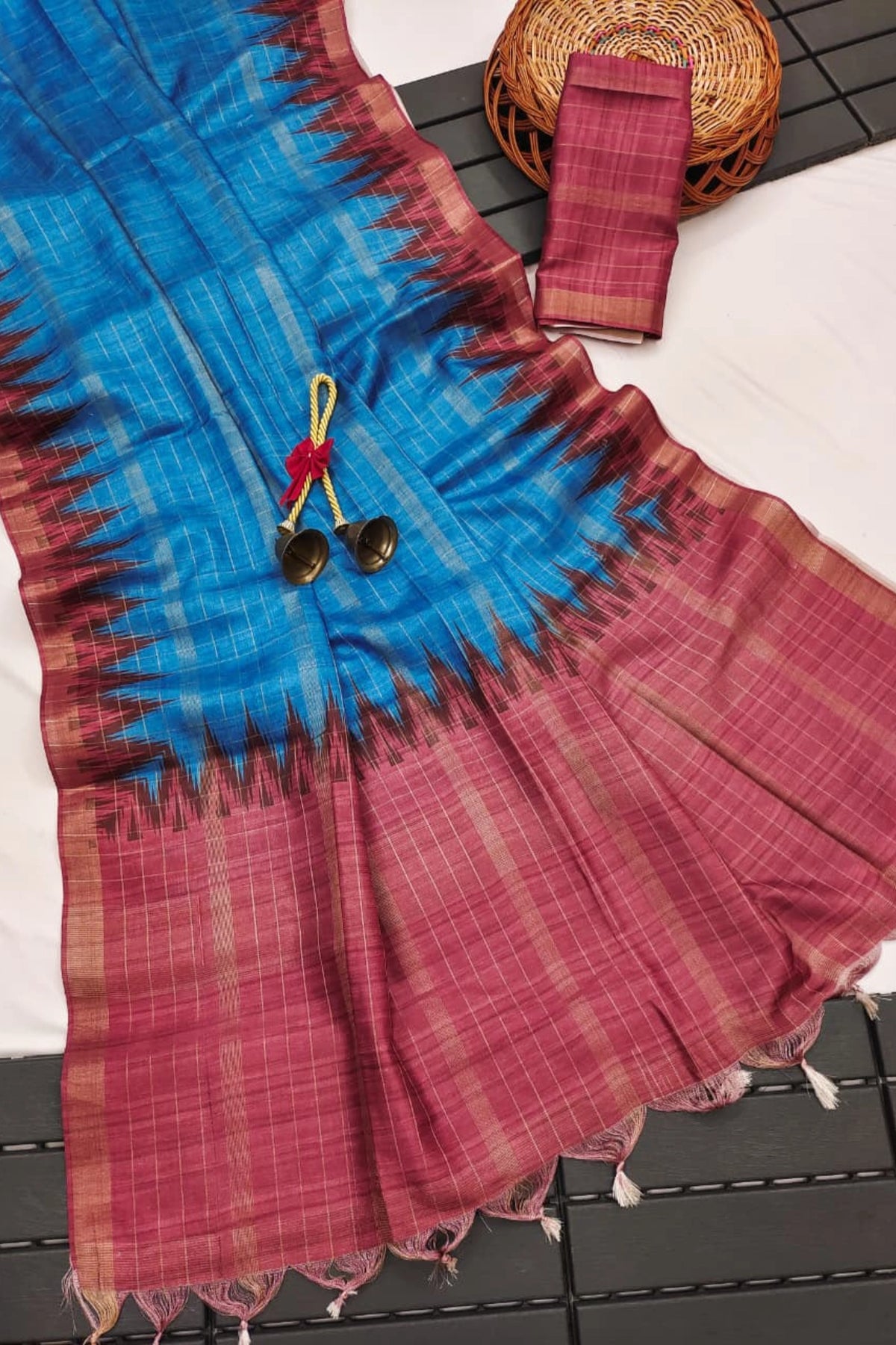 Peacock Blue Silk Cotton Saree with Rose Ikat Border