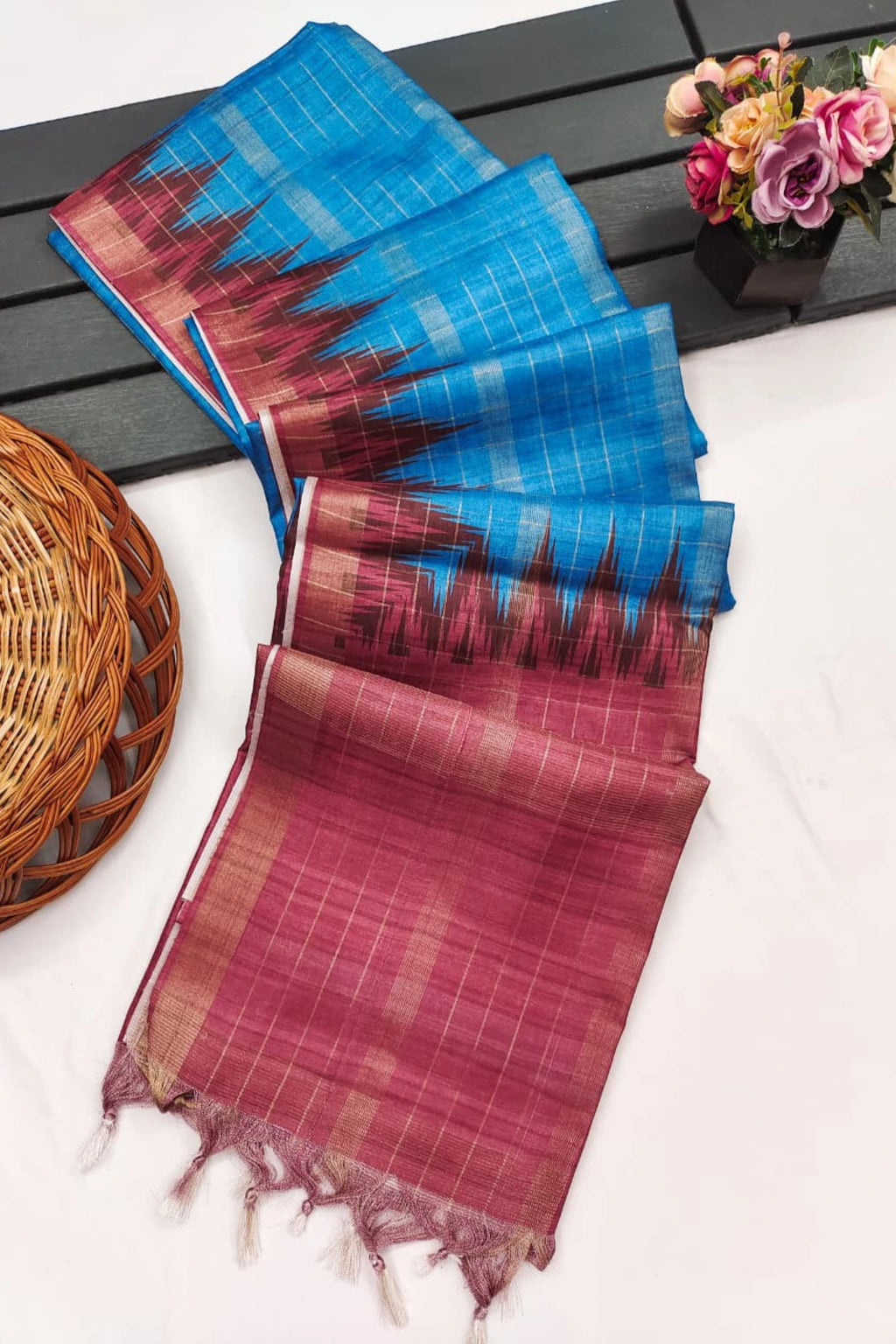 Peacock Blue Silk Cotton Saree with Rose Ikat Border