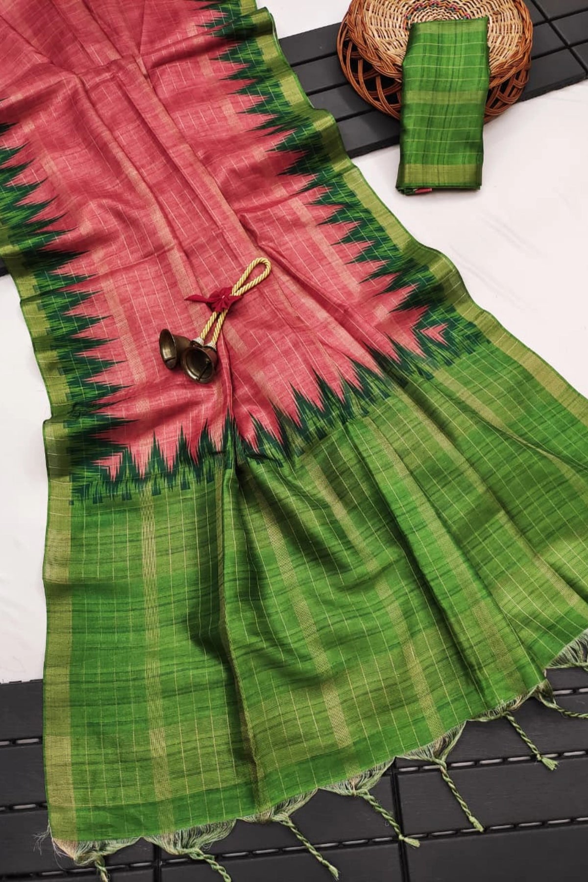 Coral Rose Silk Cotton Saree with Green Ikat Border