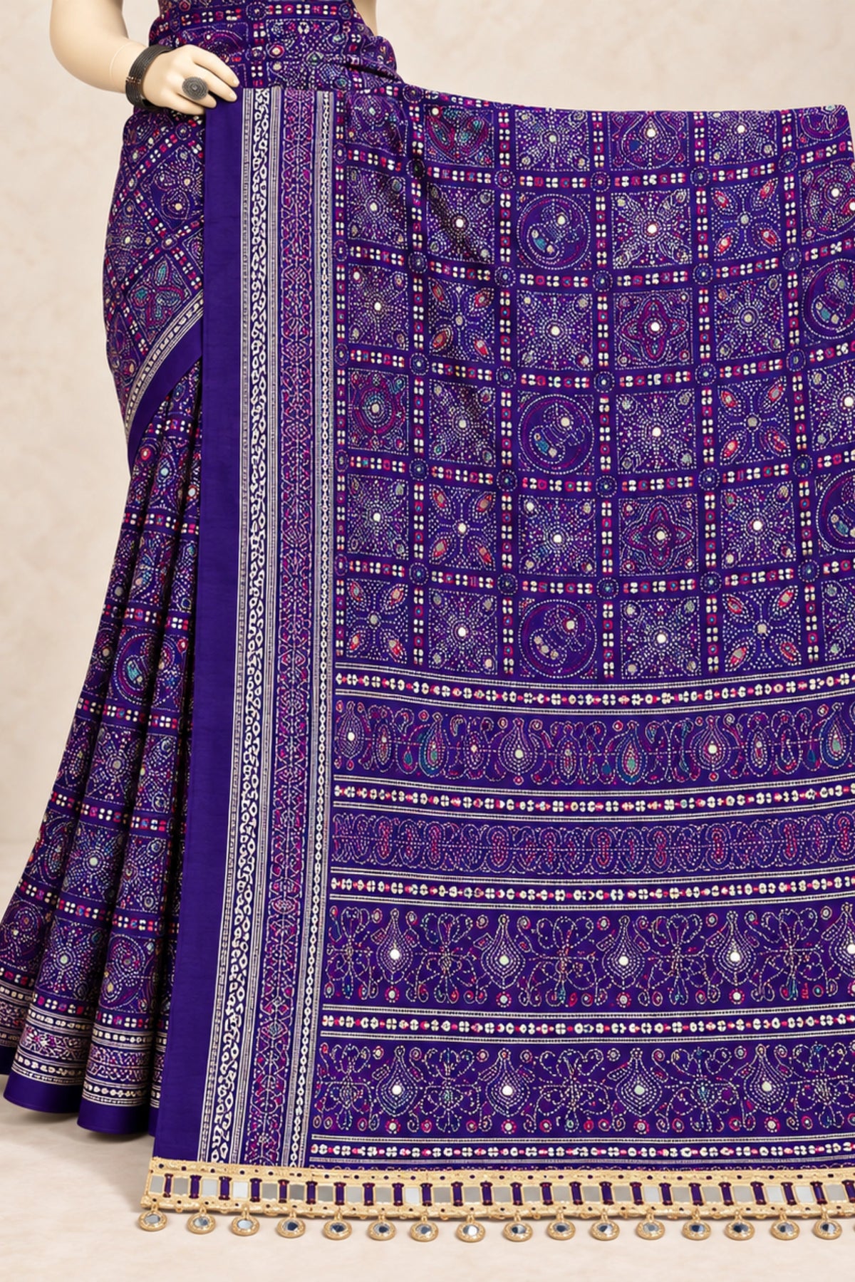 Purple Pure Ajrakh Silk Saree