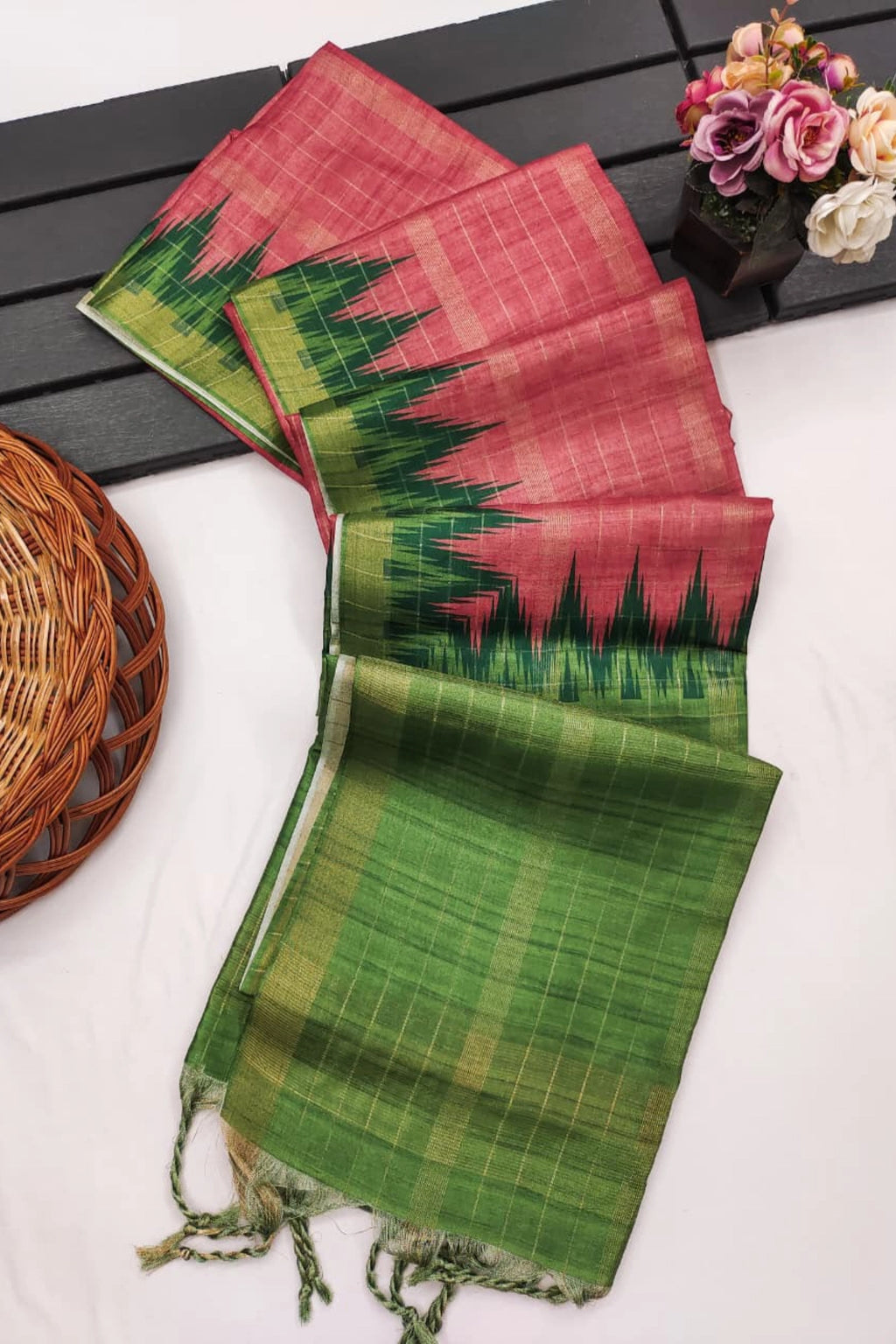 Coral Rose Silk Cotton Saree with Green Ikat Border