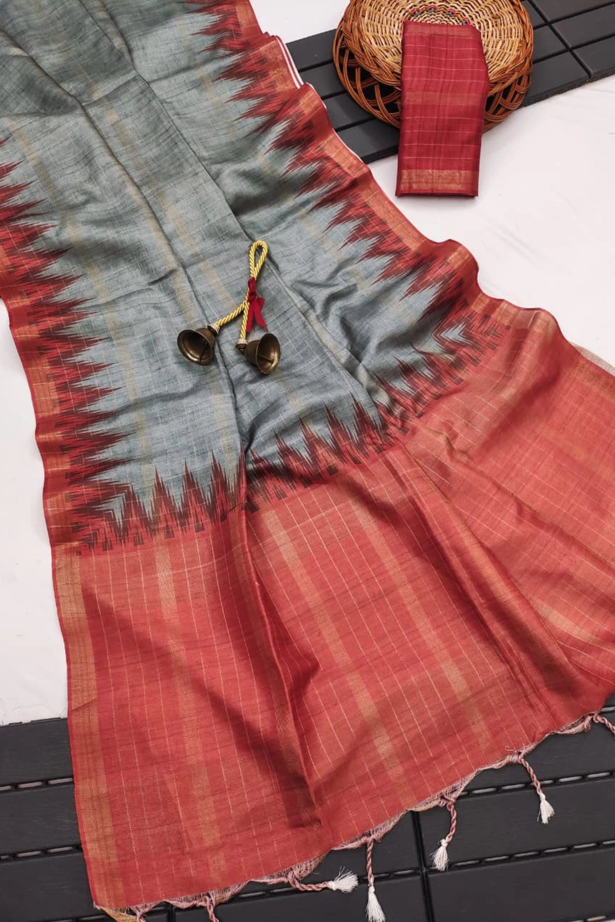 Silver Grey Silk Cotton Saree with Rust Ikat Border