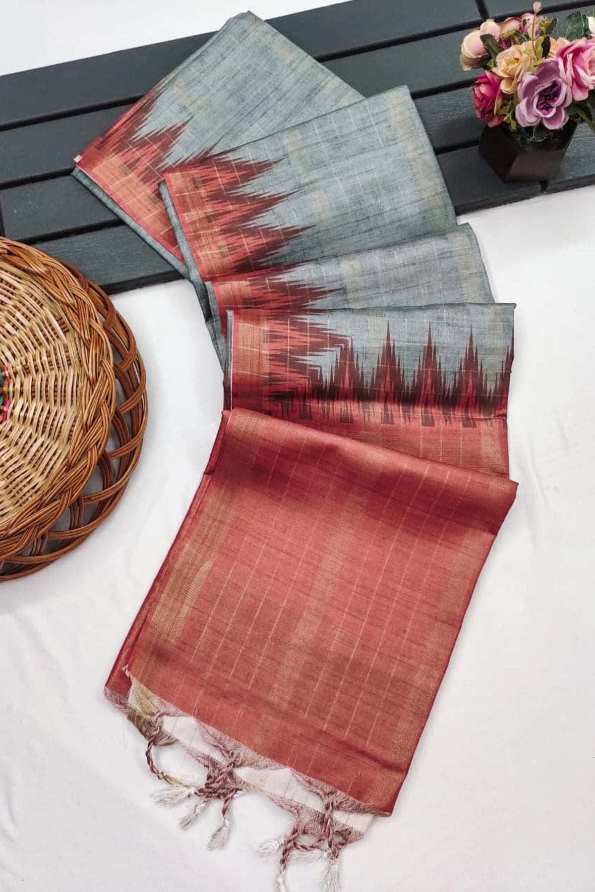 Silver Grey Silk Cotton Saree with Rust Ikat Border
