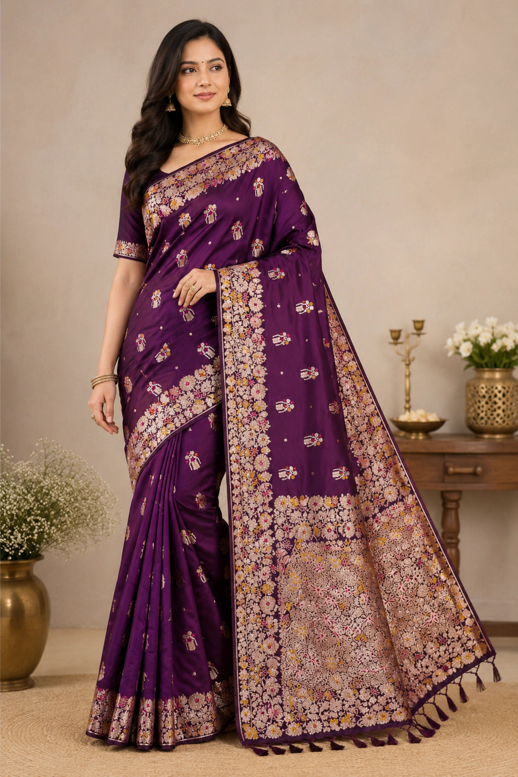 Royal Purple Dola Silk-Style Saree with Floral Zari Pallu