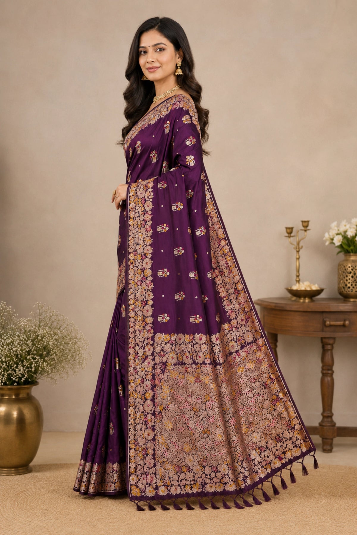 Royal Purple Dola Silk-Style Saree with Floral Zari Pallu