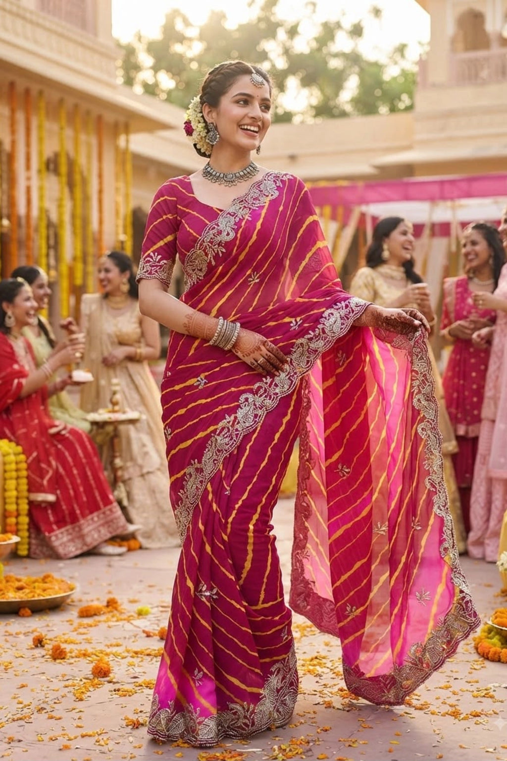 Leheriya Organza Saree with Hand-Embroidered Silver Border