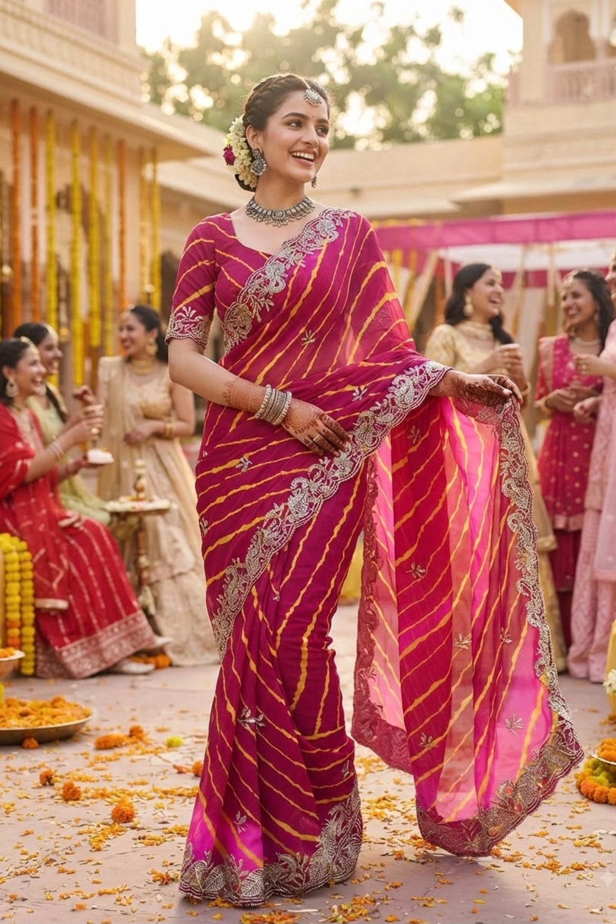 Leheriya Organza Saree with Hand-Embroidered Silver Border