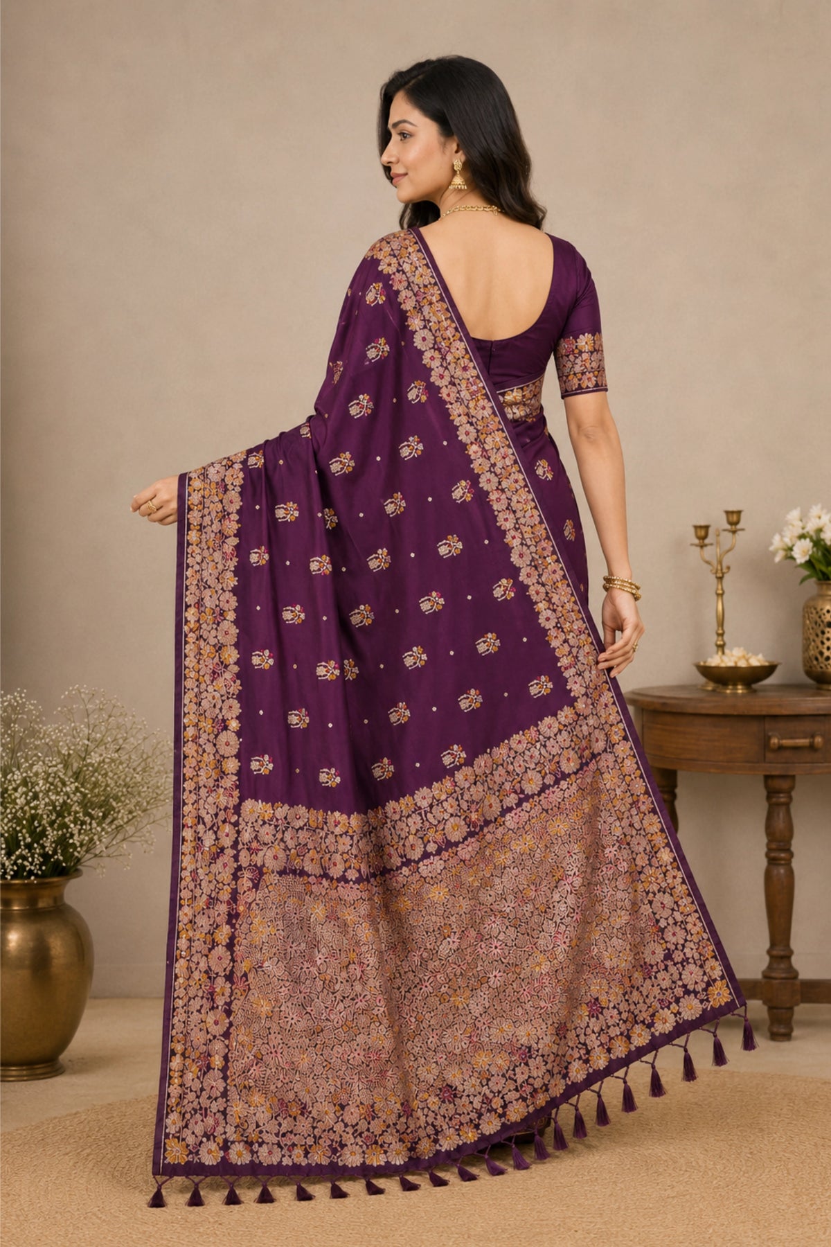 Royal Purple Dola Silk-Style Saree with Floral Zari Pallu