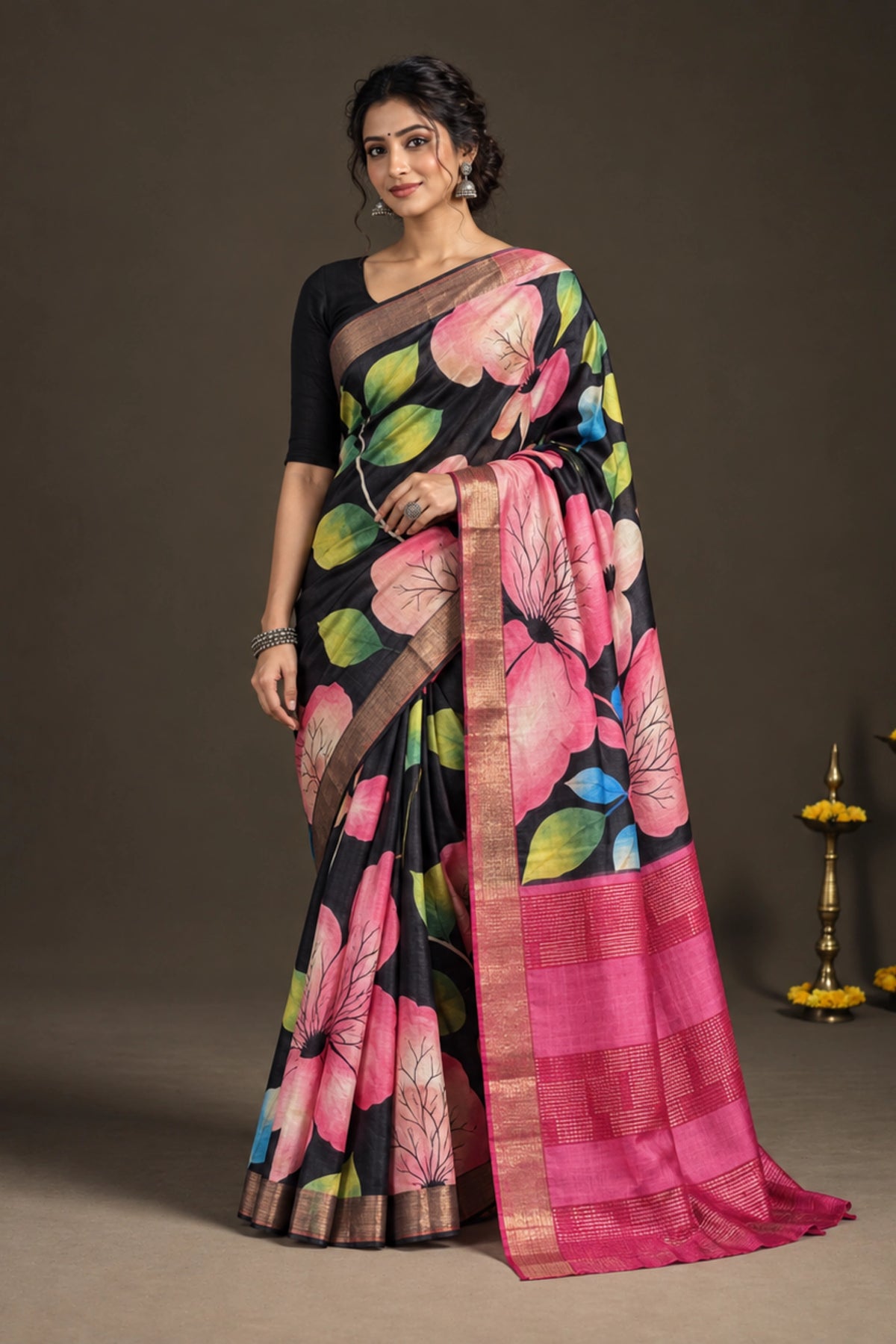 Midnight Bloom Tussar Silk Saree