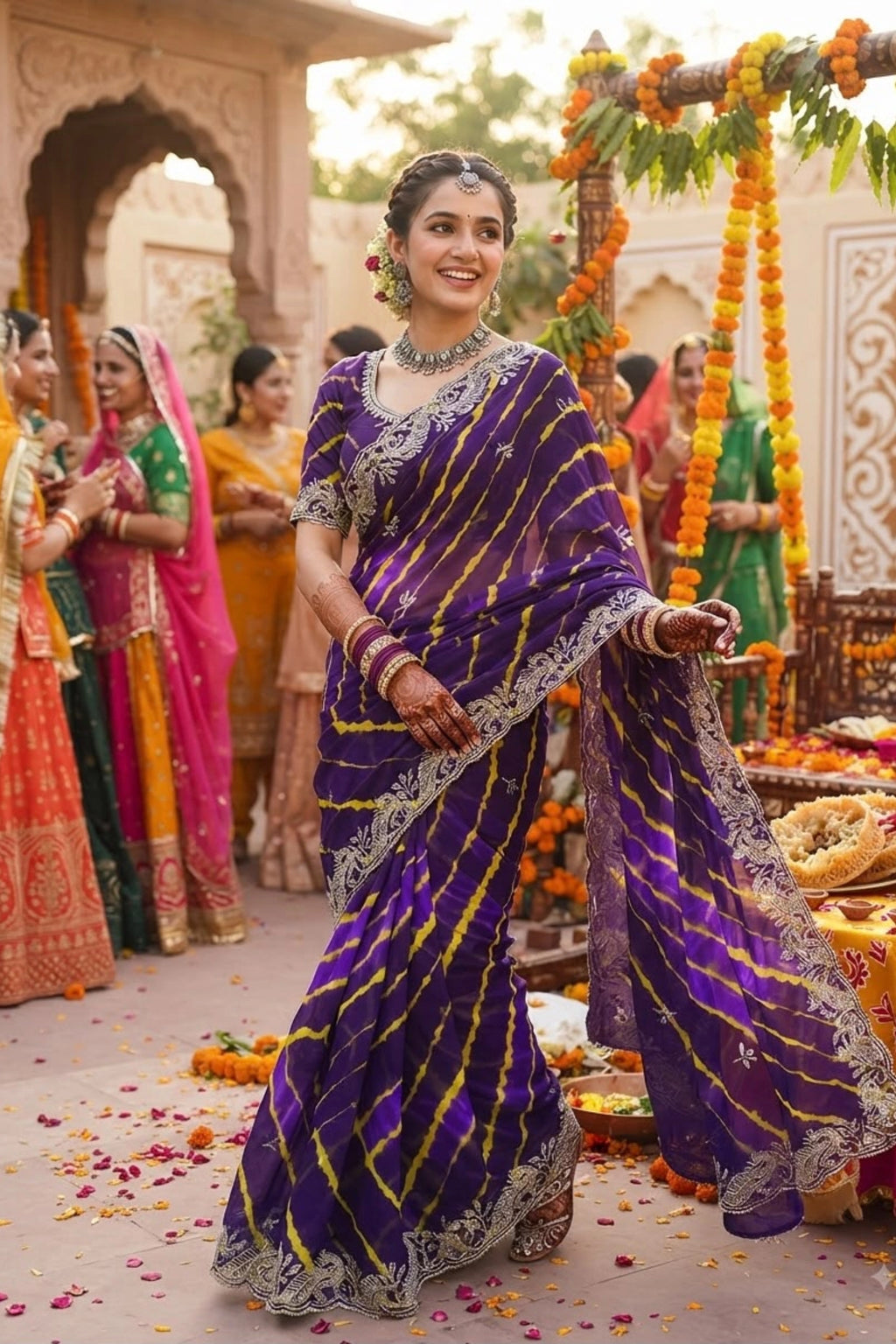 Leheriya Organza Saree with Hand-Embroidered Silver Border