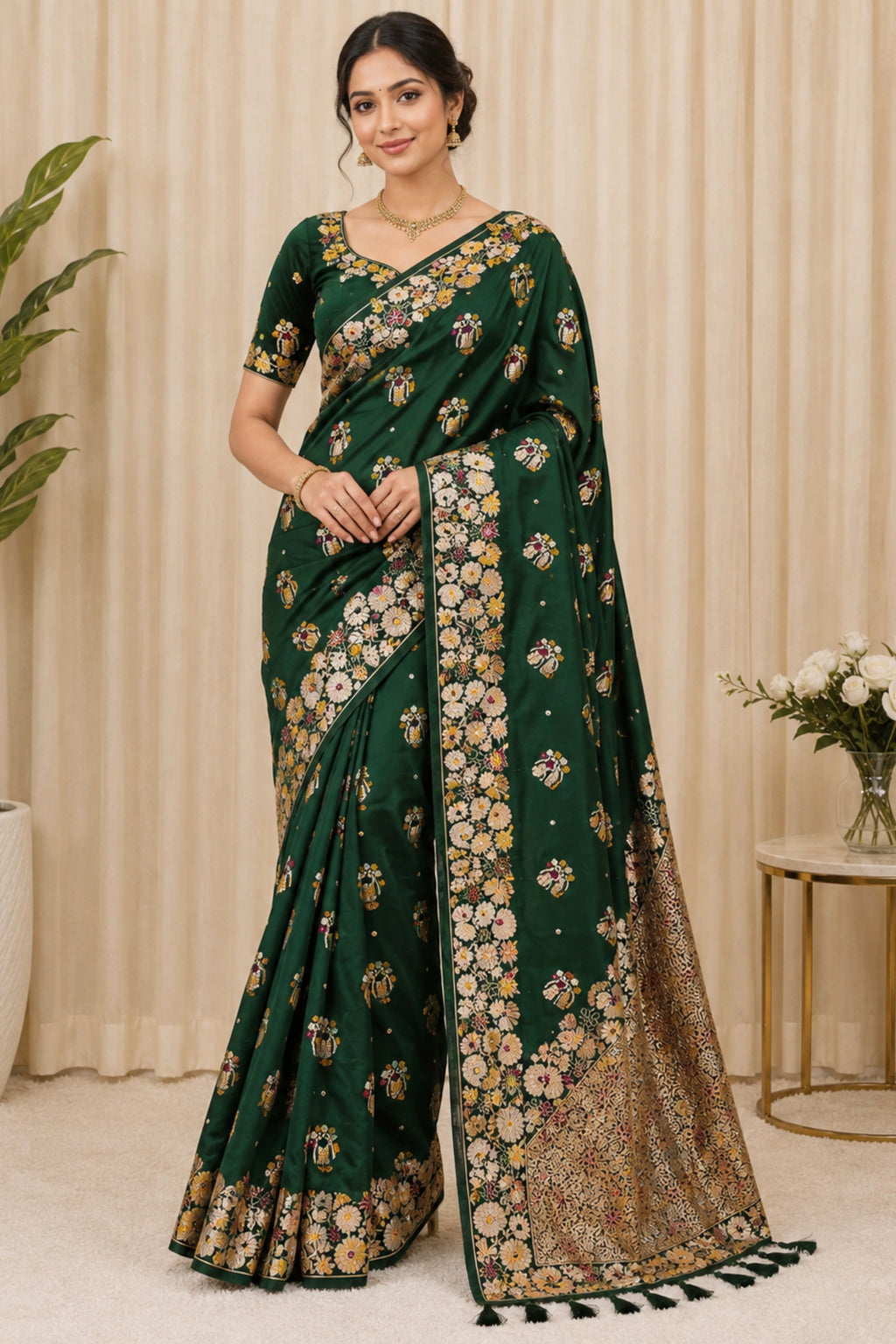 Emerald Green Dola Silk-Style Saree with Floral Zari Pallu