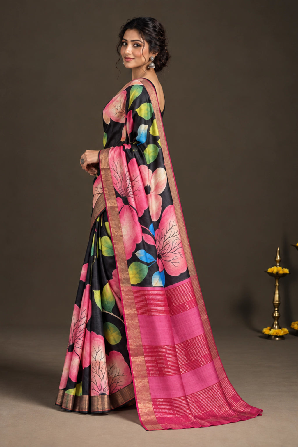 Midnight Bloom Tussar Silk Saree
