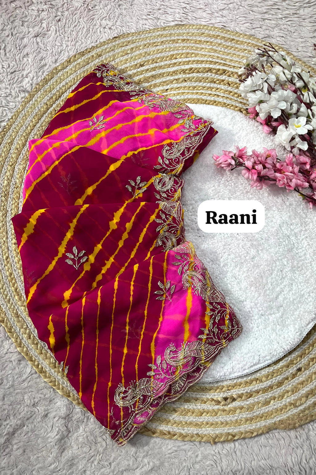 Leheriya Organza Saree with Hand-Embroidered Silver Border