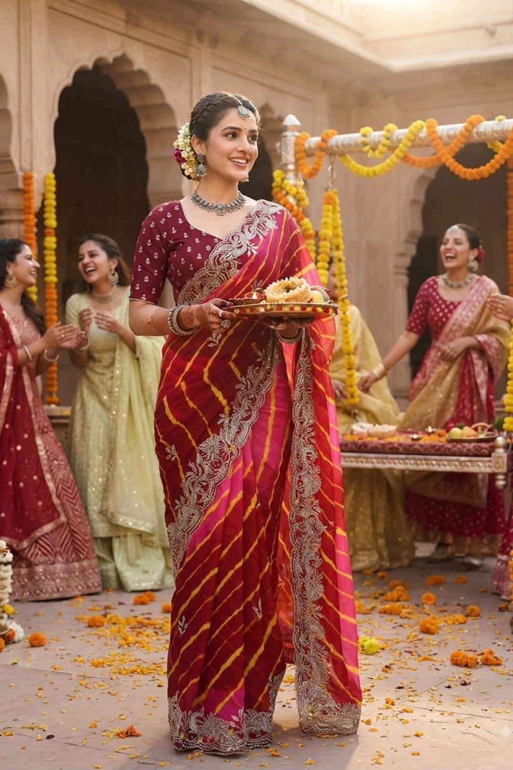Leheriya Organza Saree with Hand-Embroidered Silver Border