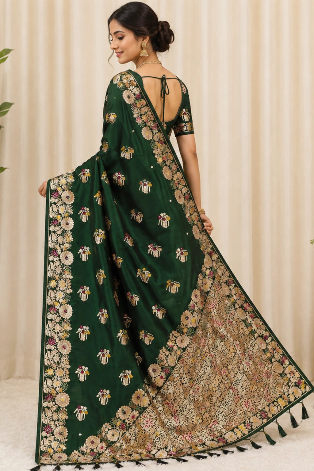 Emerald Green Dola Silk-Style Saree with Floral Zari Pallu