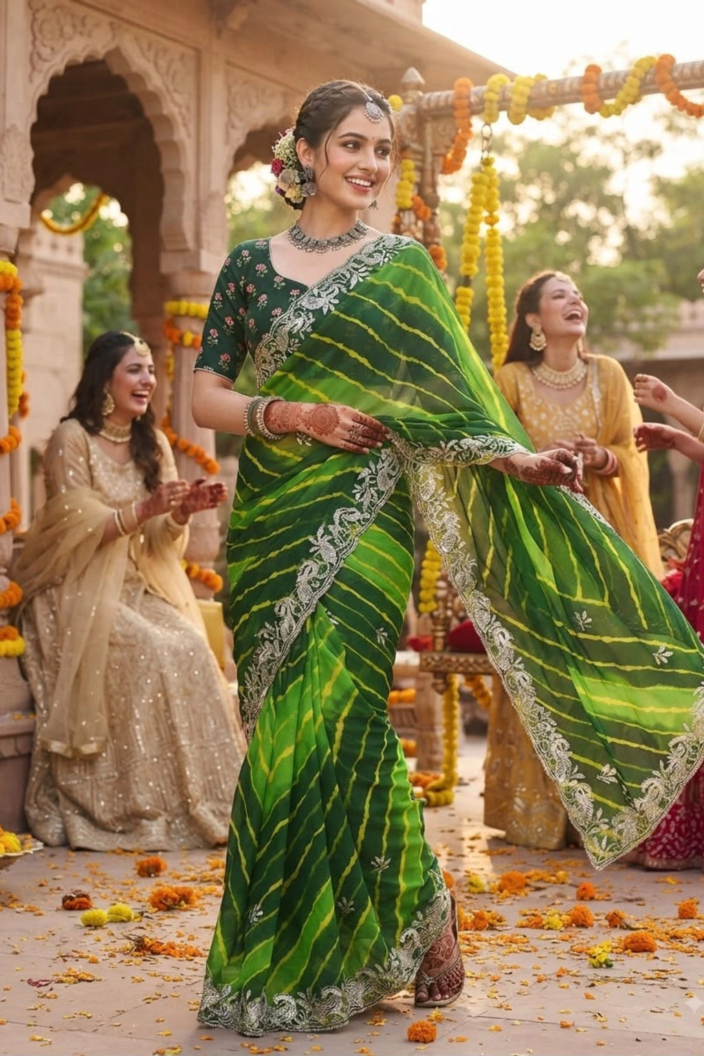 Leheriya Organza Saree with Hand-Embroidered Silver Border