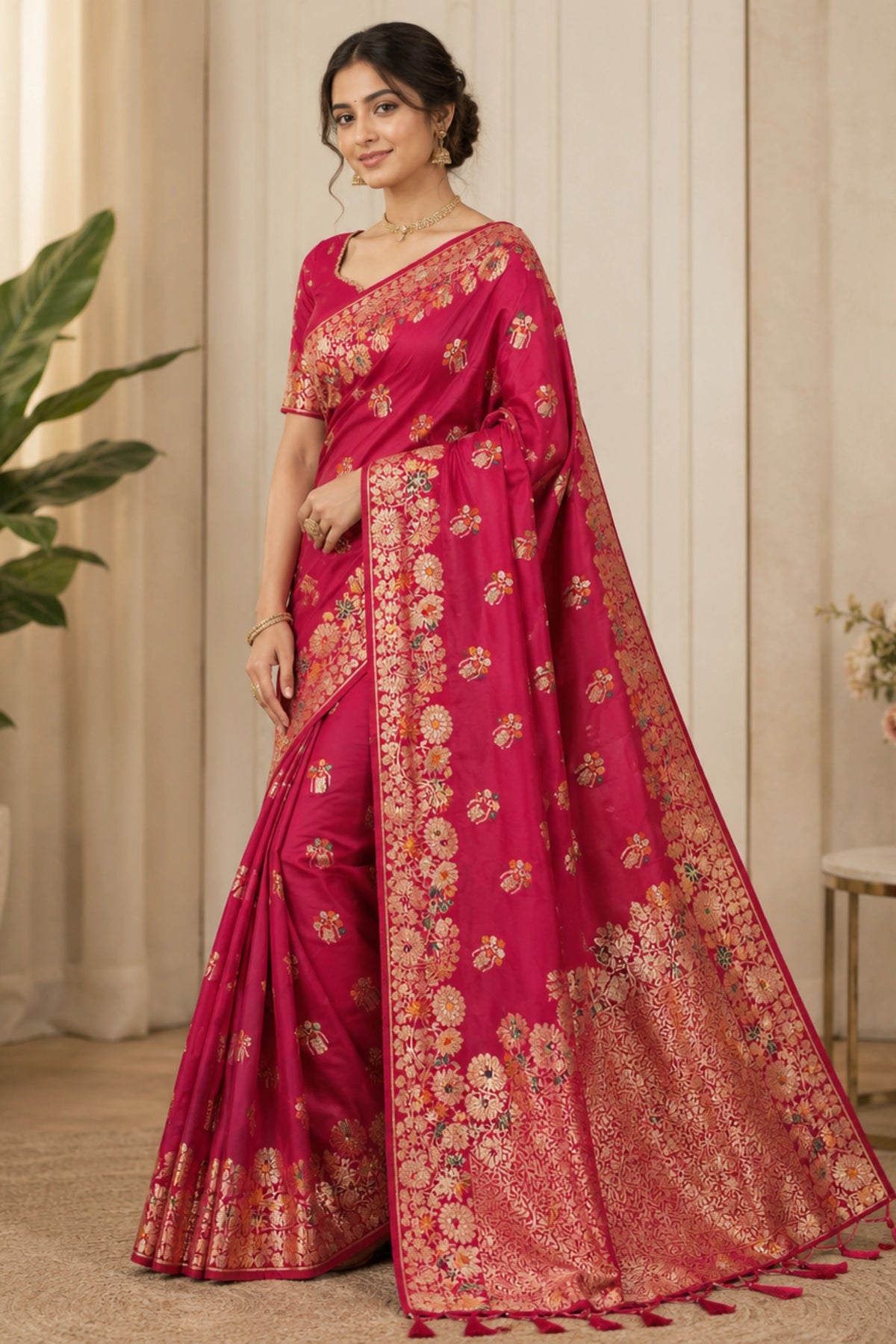 Rani Pink Dola Silk-Style Saree with Floral Zari Pallu