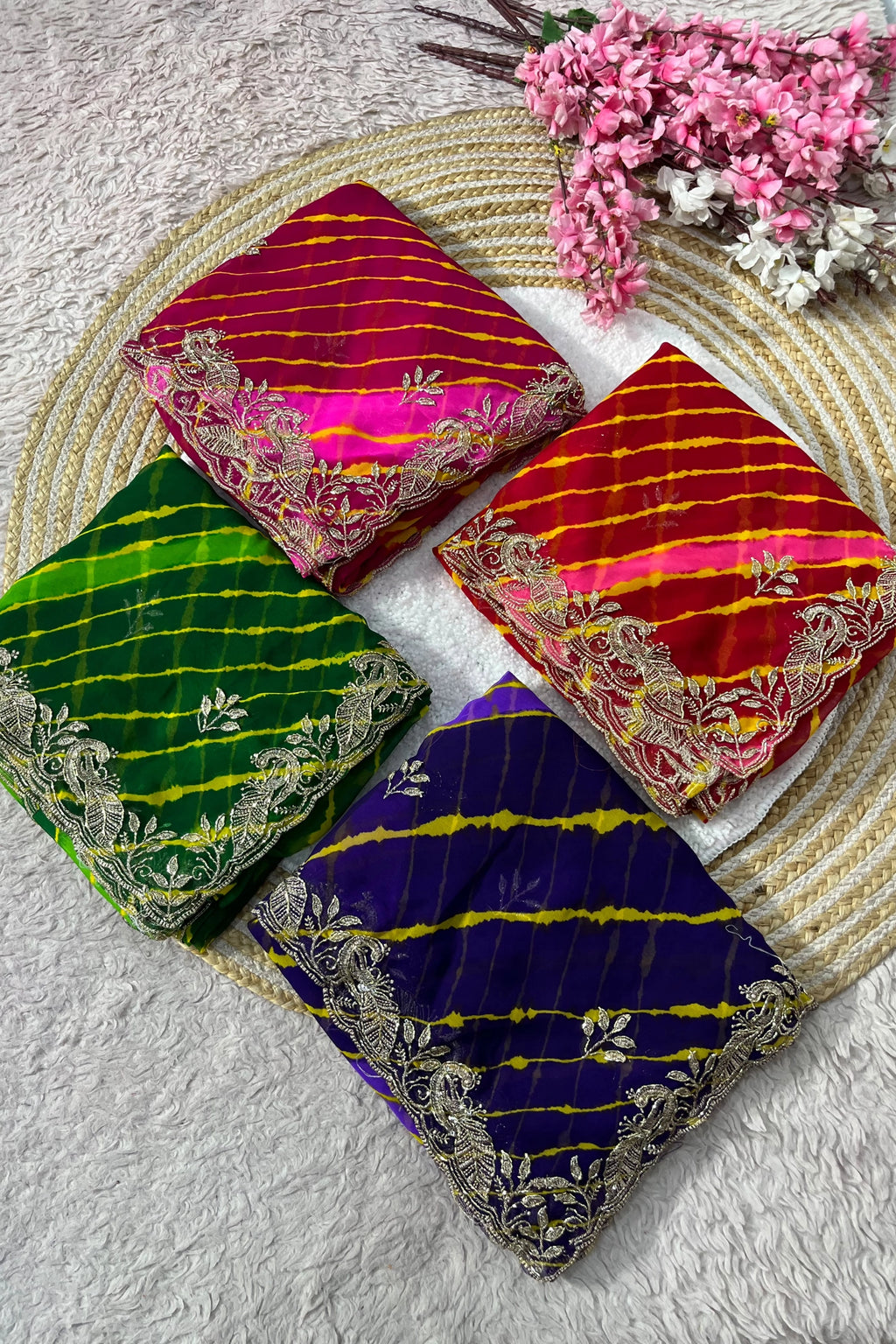 Leheriya Organza Saree with Hand-Embroidered Silver Border