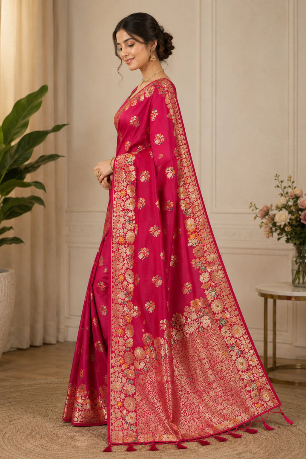 Rani Pink Dola Silk-Style Saree with Floral Zari Pallu