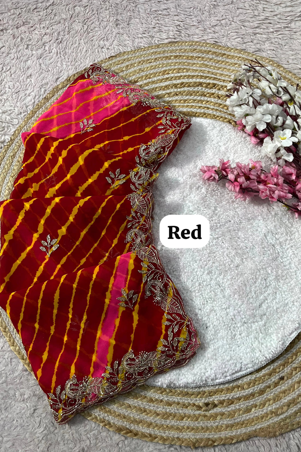 Leheriya Organza Saree with Hand-Embroidered Silver Border