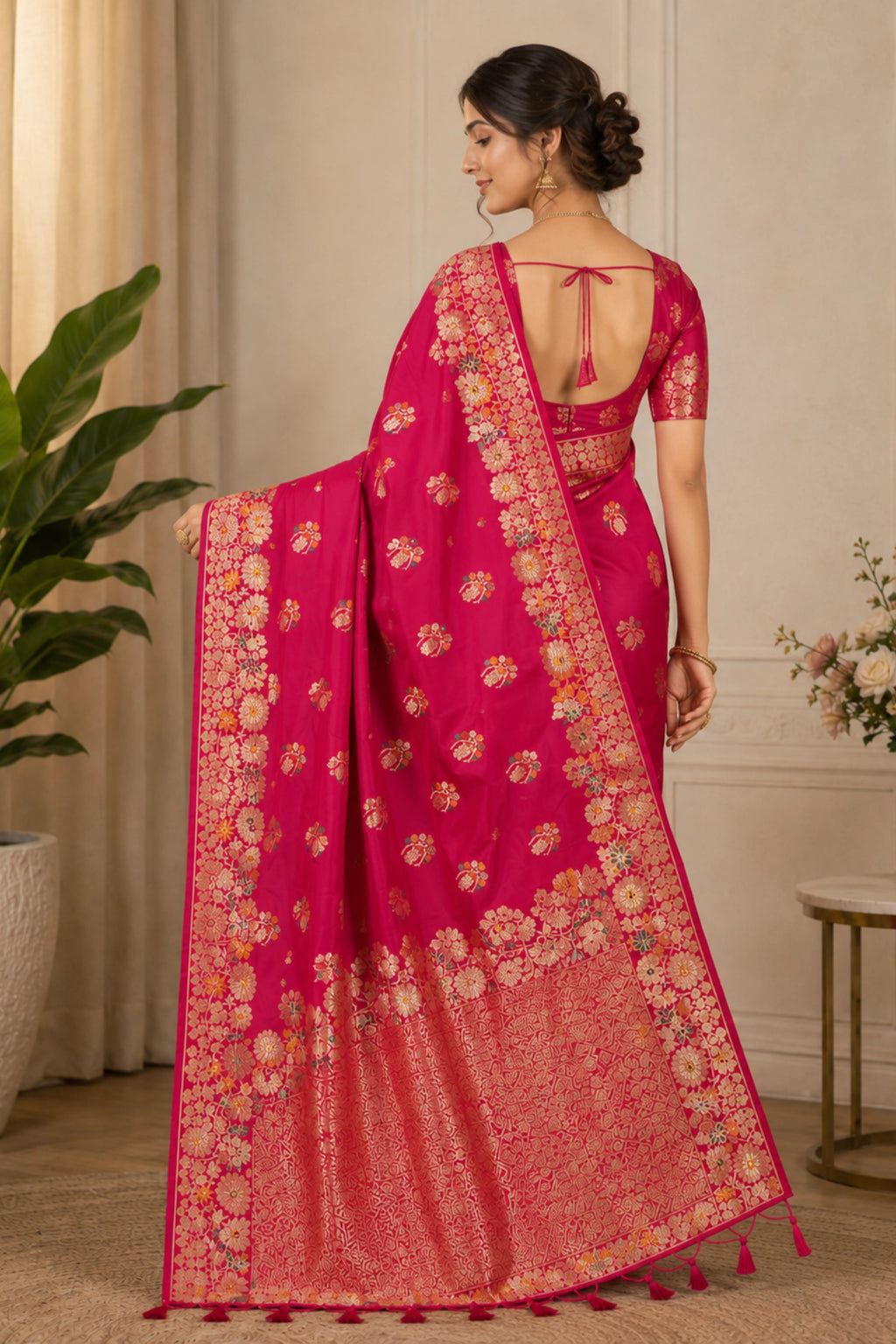 Rani Pink Dola Silk-Style Saree with Floral Zari Pallu