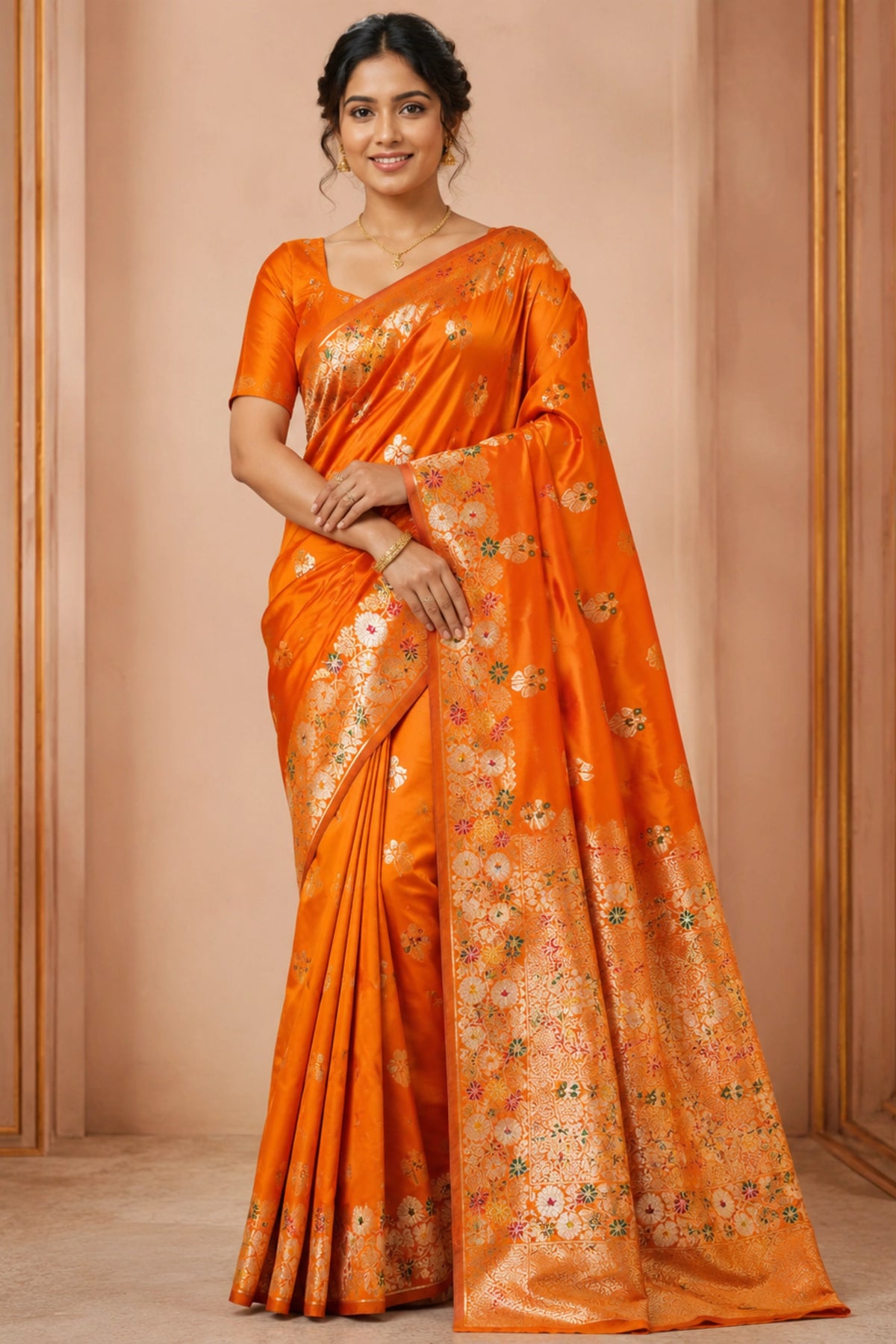 Festive Orange Dola Silk-Style Saree with Floral Zari Pallu