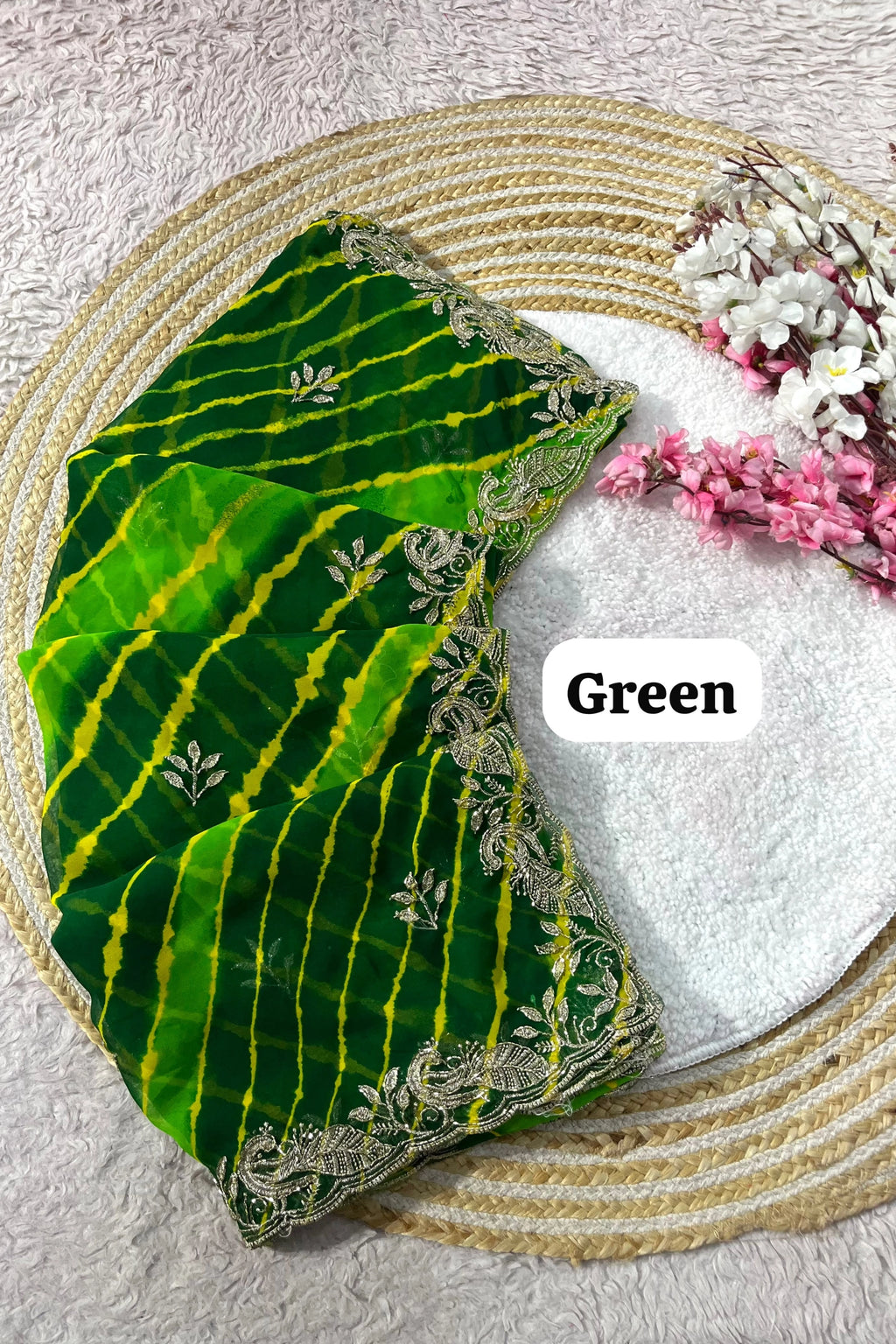 Leheriya Organza Saree with Hand-Embroidered Silver Border