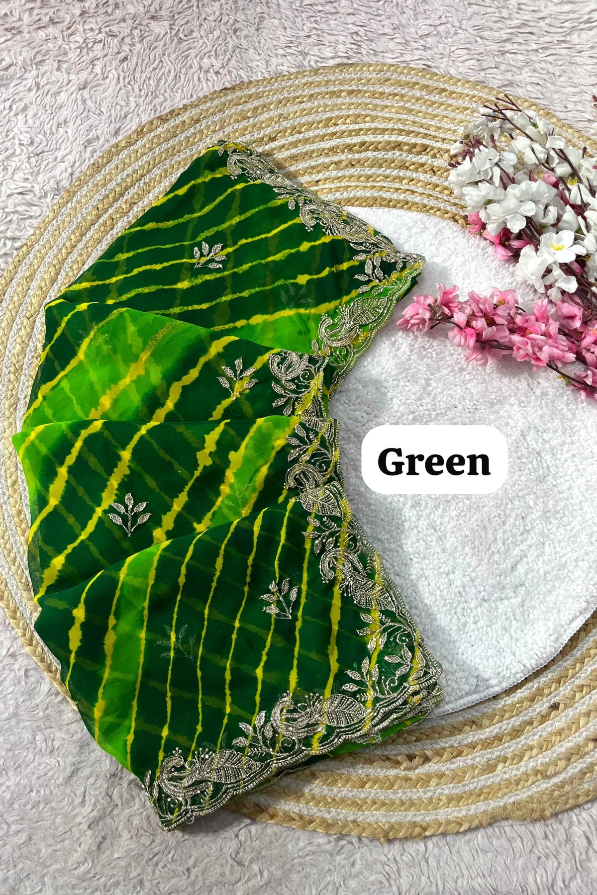 Leheriya Organza Saree with Hand-Embroidered Silver Border