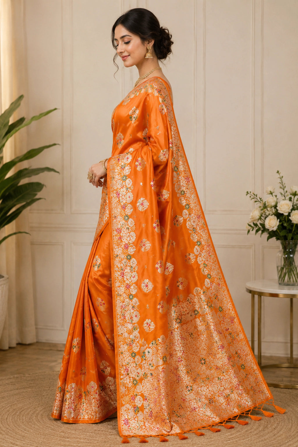 Festive Orange Dola Silk-Style Saree with Floral Zari Pallu