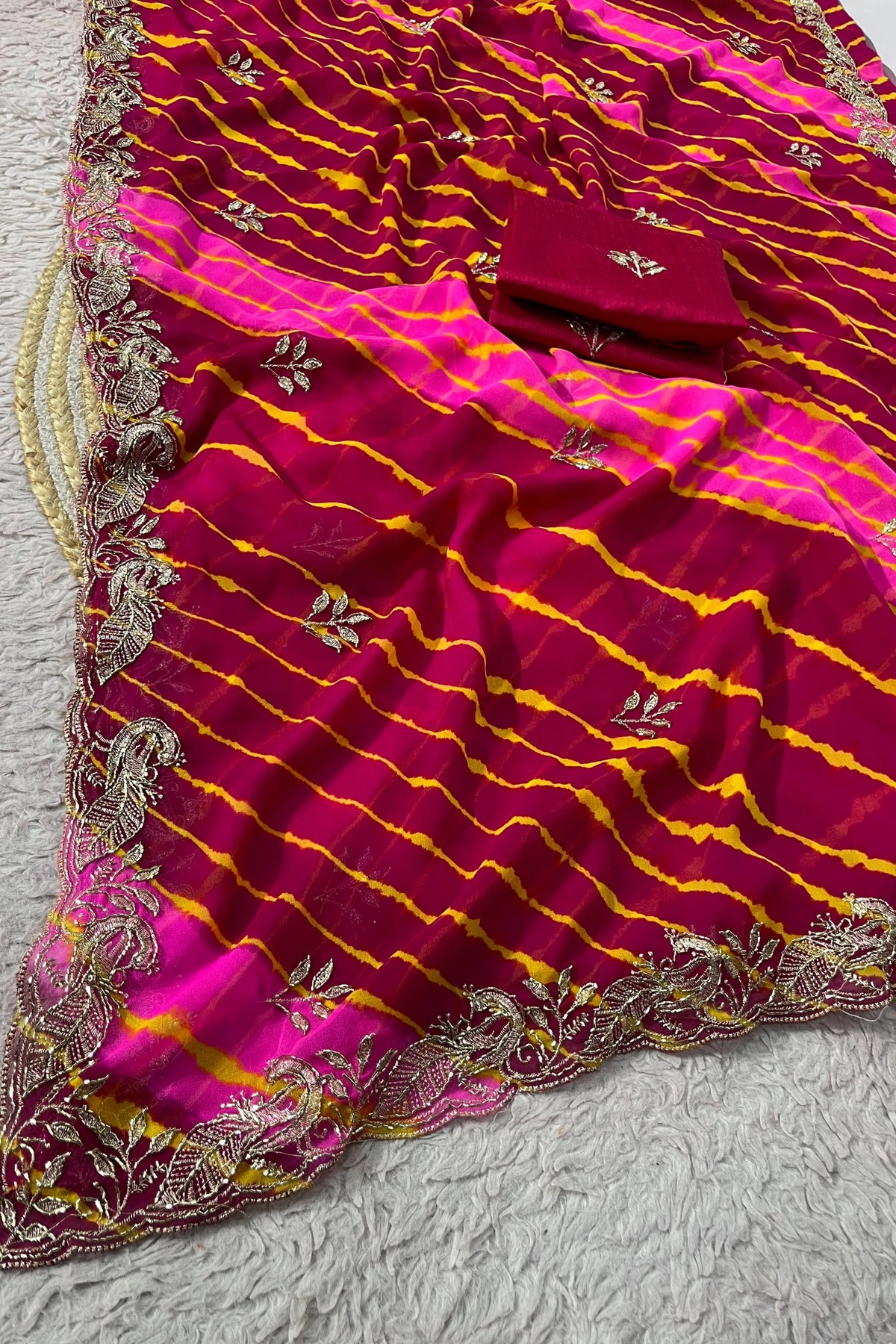 Leheriya Organza Saree with Hand-Embroidered Silver Border